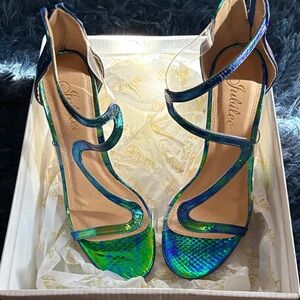 Shimmering Blue and Green Strappy Heels
